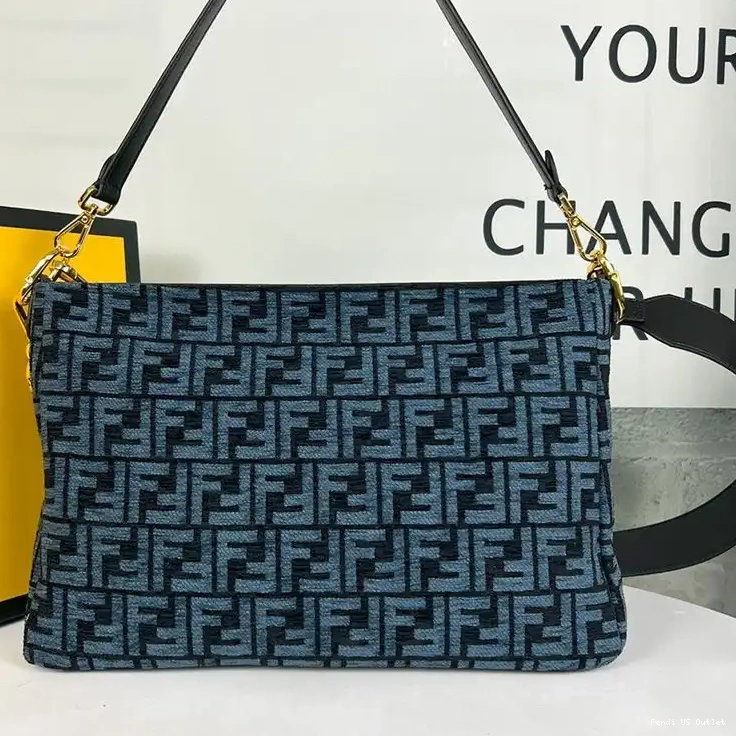 Vintage HOT In Zip Fendi FF Blue Tapestry Shoulder O'Lock Bag Fabric 0609